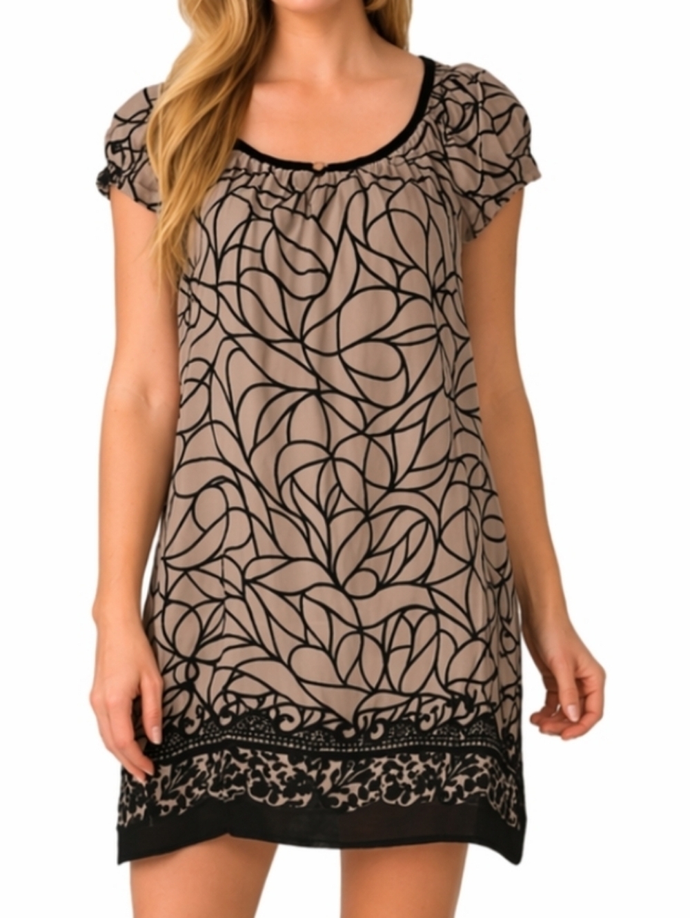 NWT M.S.S.P. Silk Rayon Taupe & Black Floral Velvet Puff Sleeve Shift Dress